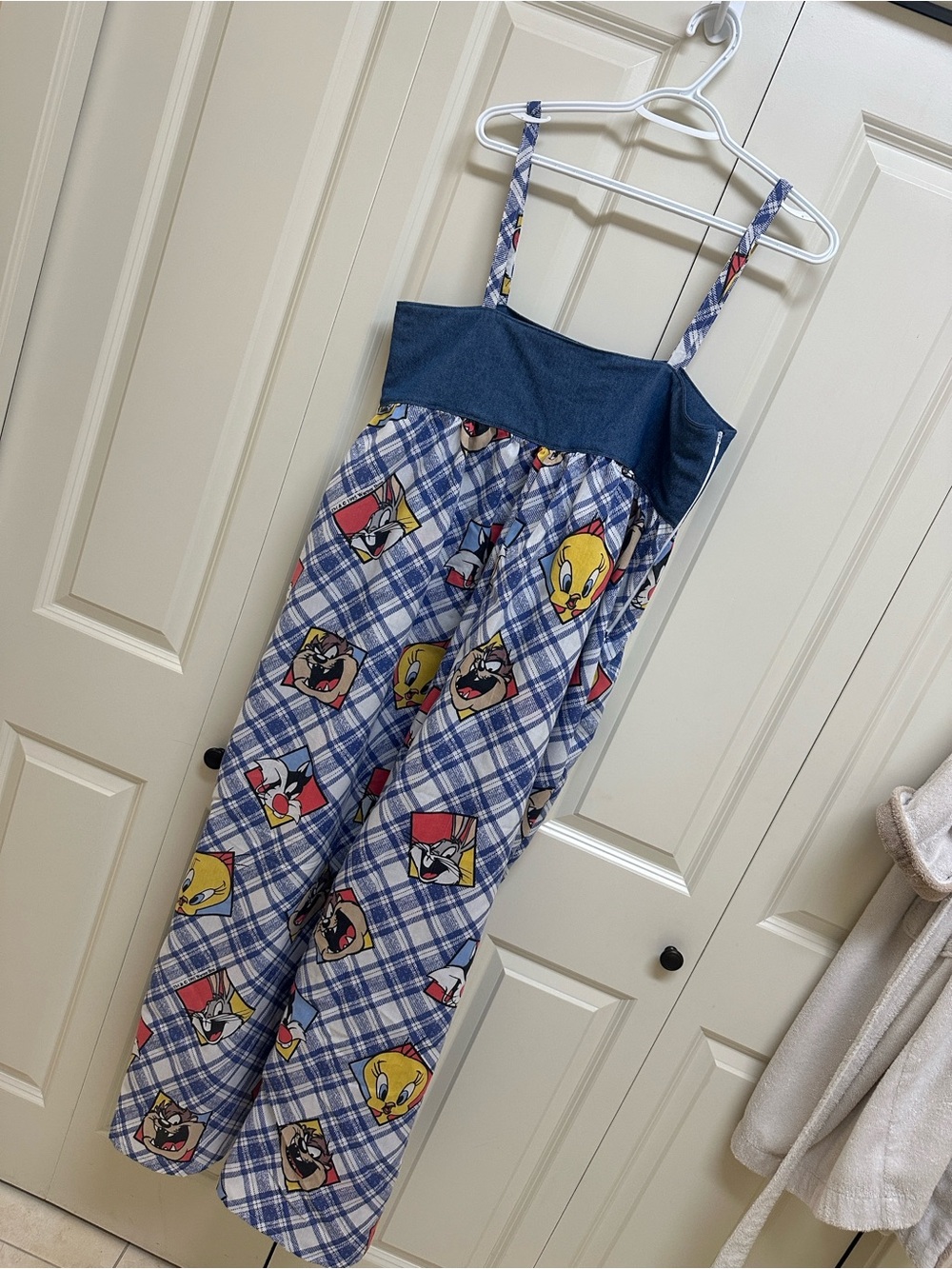 Upcycled Warner Bros. Women's Looney Tunes Plaid Romper Blue & White